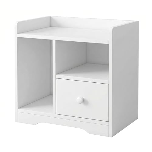 Small Nightstand with Drawer and Shelf, Bedside Table with Open Storage Cubby, Modern End Table for Bedroom, Space Saving Organizer for Small Spaces, White Cabinet