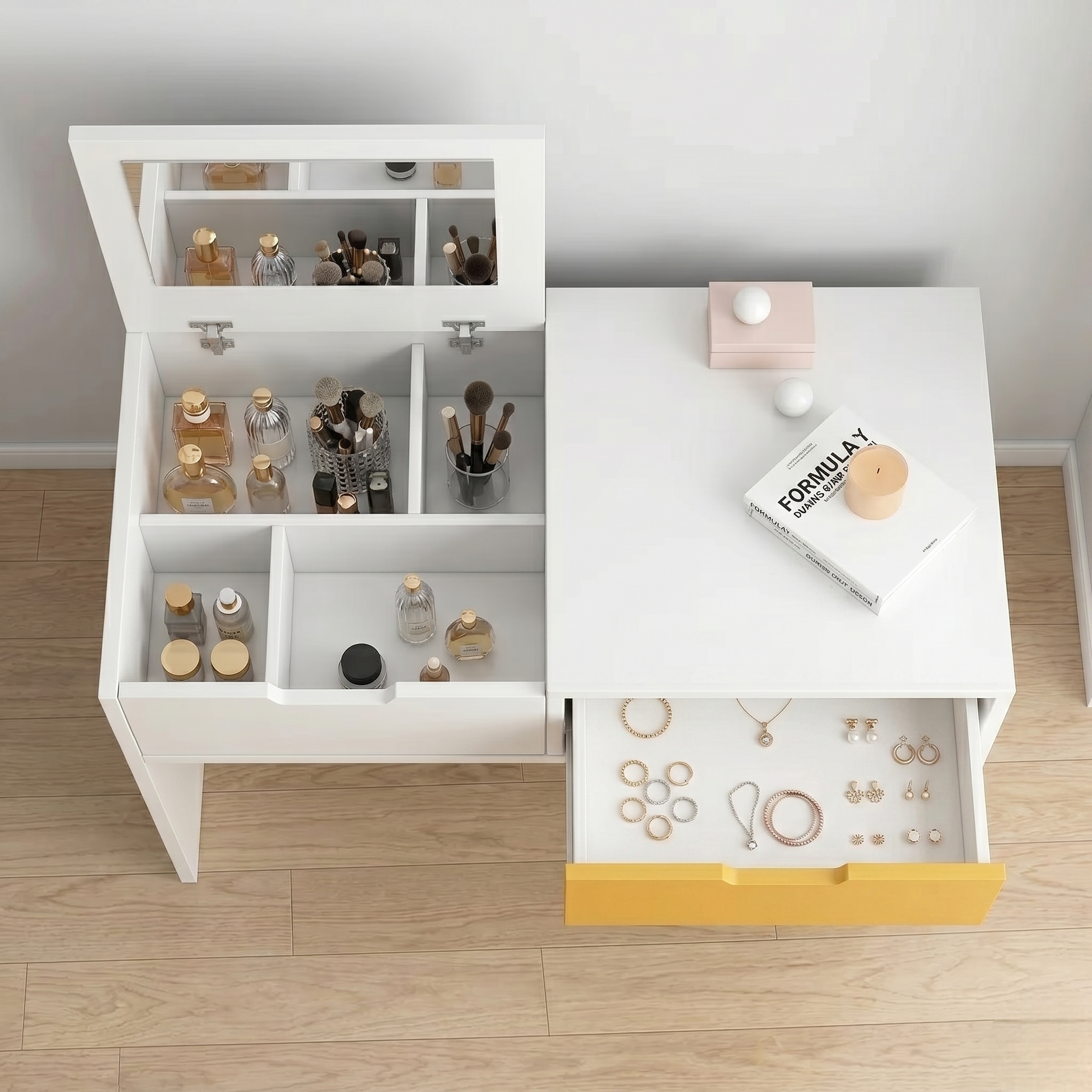 2-in-1 Floor Vanity Table & Nightstand Combo – Modern Low Profile Makeup Desk with Storage Shelf – Square Leg Bedroom Decor Organizer – Compact Dressing Table for Small Spaces
