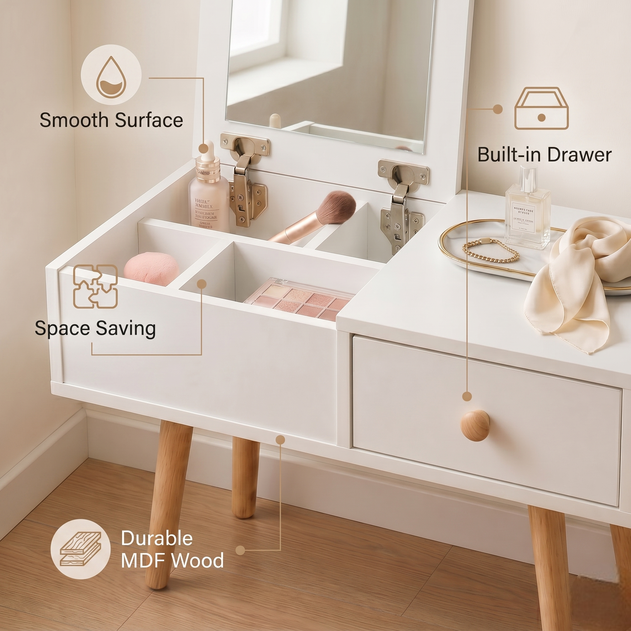 2-in-1 Floor Makeup Vanity & Nightstand – Modern Low-Profile Dressing Table with Solid Wood Legs – Compact Bedroom Storage Organizer & Bedside Tab for Small Spaces