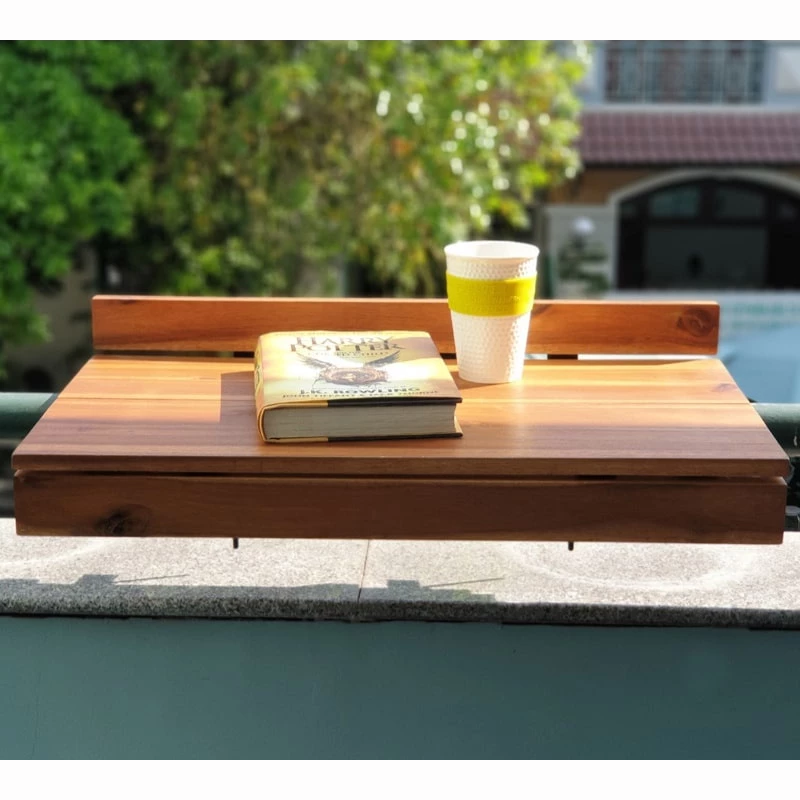 Acacia Wood Balcony Bar Table – Ultra-Stable Outdoor Railing Table – Universal Fit for Round & Flat Railings – Weather-Resistant Hanging Desk – Outdoor Bar Top for Apartment, Patio & Deck