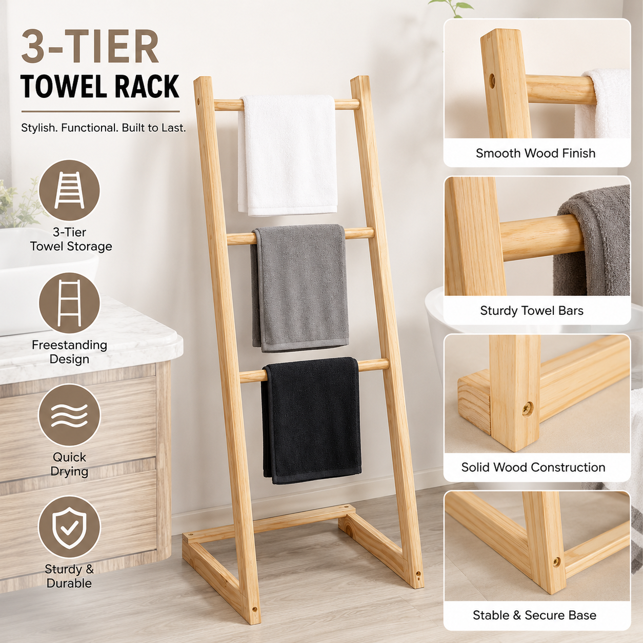 3-Tier Freestanding Towel Rack for Bathroom – Waterproof Solid Pine Wood Blanket Ladder Shelf – Anti-Mold Storage Organizer Stand for Bath Towels, Toiletries & Spa Decor