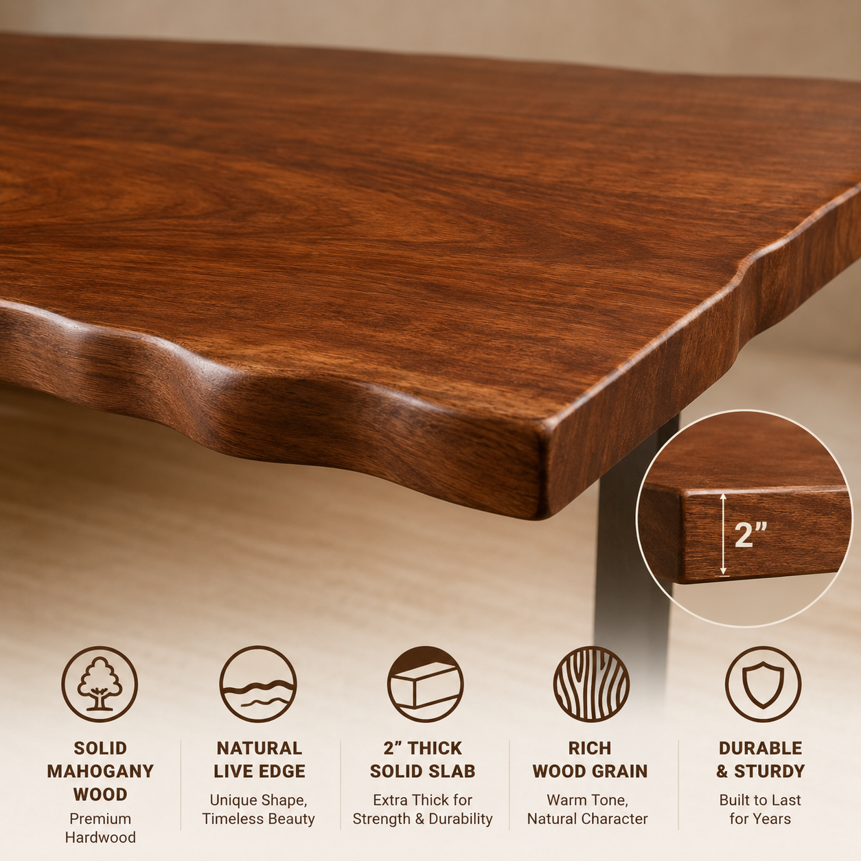 Mahogany Live Edge Wood Table Top – 2" Thick Solid Slab Countertop
