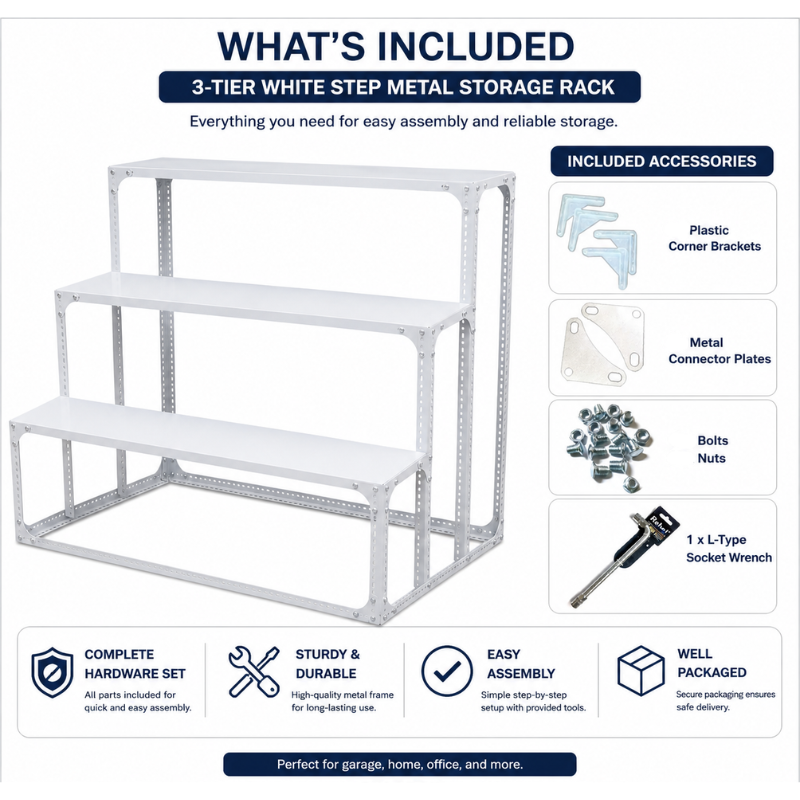3-Tier White Step Metal Storage Rack - Heavy-Duty Powder-Coated Iron Display Shelf – Versatile Indoor Outdoor Plant Rack & Retail Merchandise Display Stand
