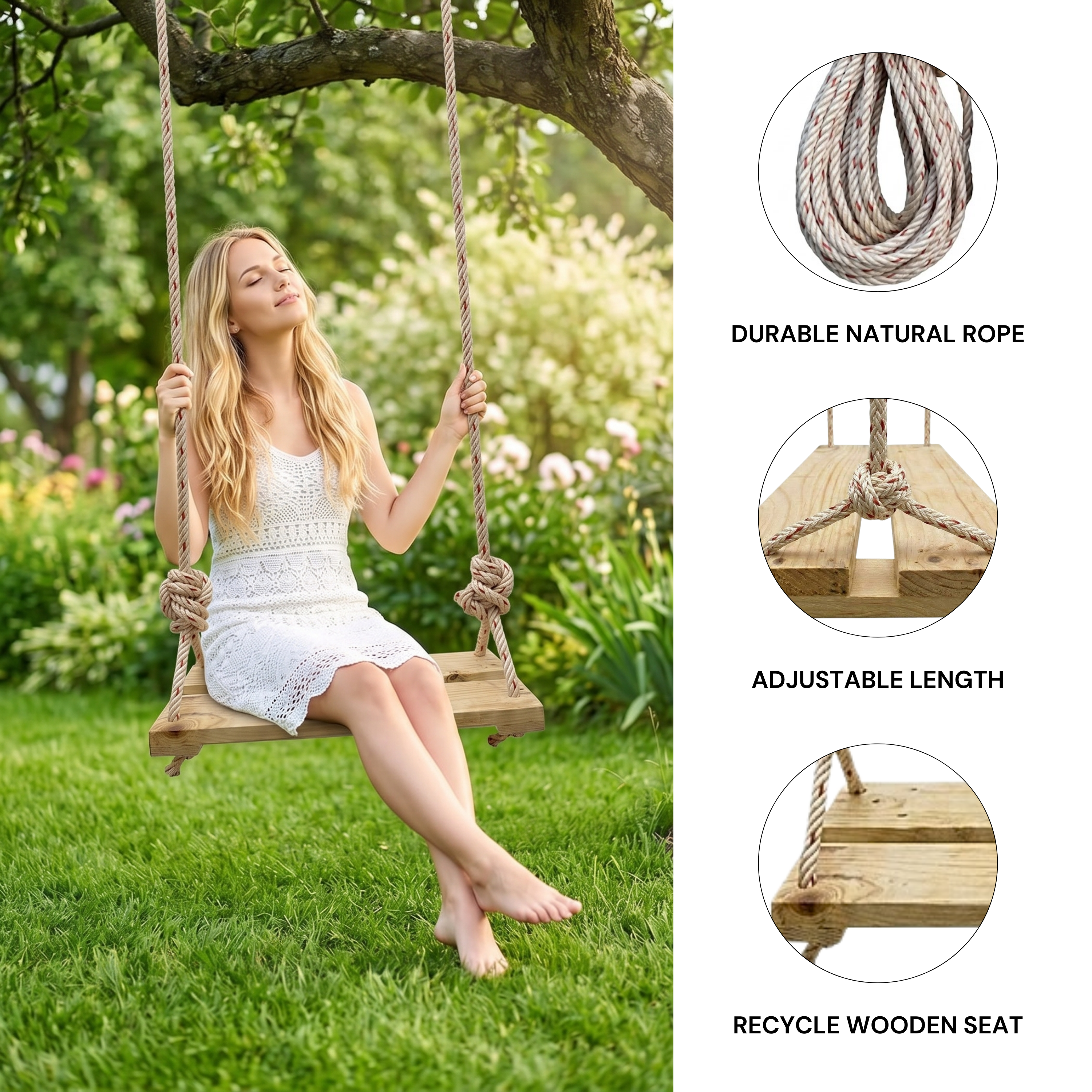 Rubberwood Swing Seat – Waterproof Outdoor Tree Swing for Kids & Adults – Heavy Duty Wooden Swing with 20ft (6m) Adjustable Rope – Perfect for Backyard, Patio, Garden & Playground