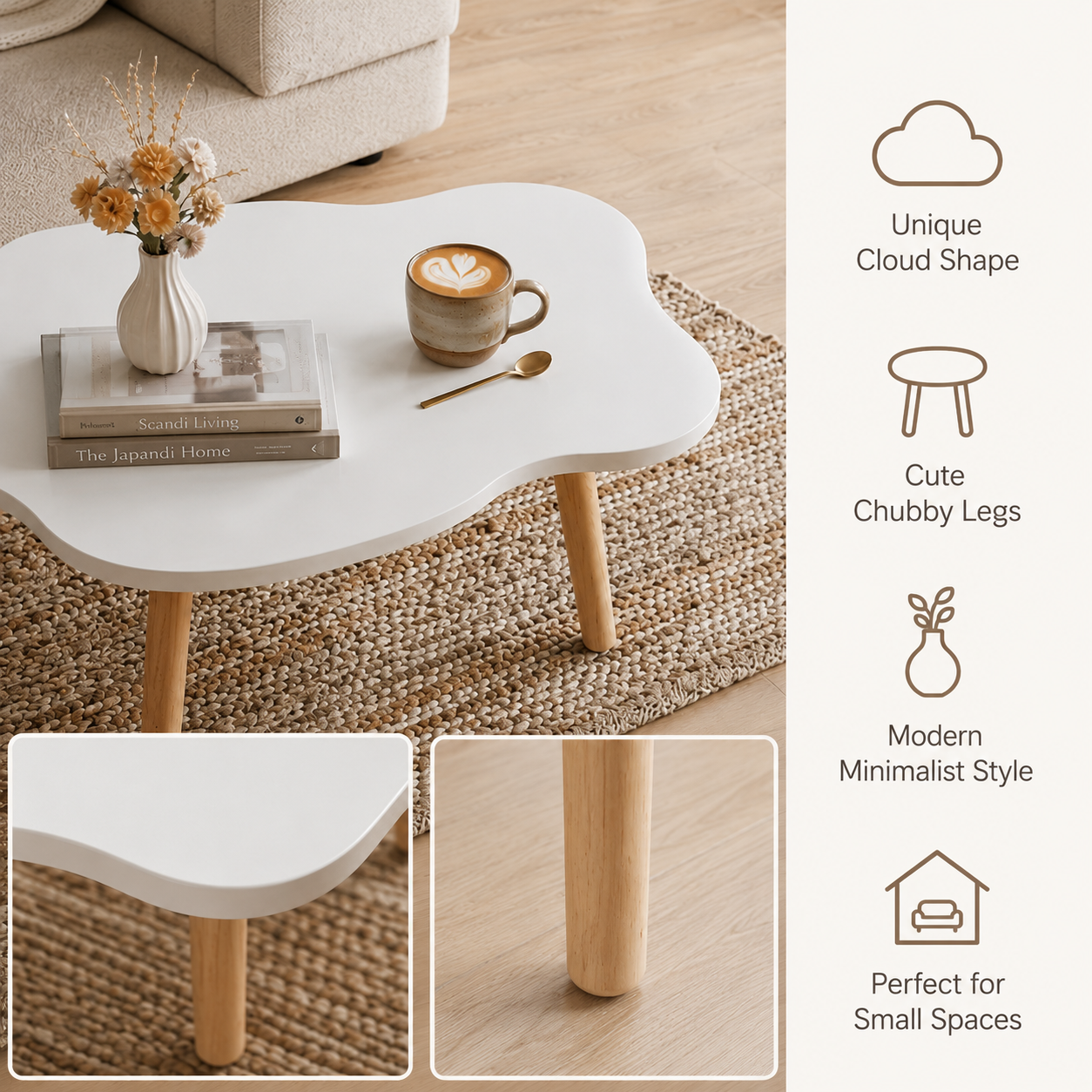 Modern Cloud-Shaped End Table – Minimalist Low Coffee Table with Chubby Legs – Decorative Wood Table for Small Spaces, Bedroom Couch Side & Nursery Playroom