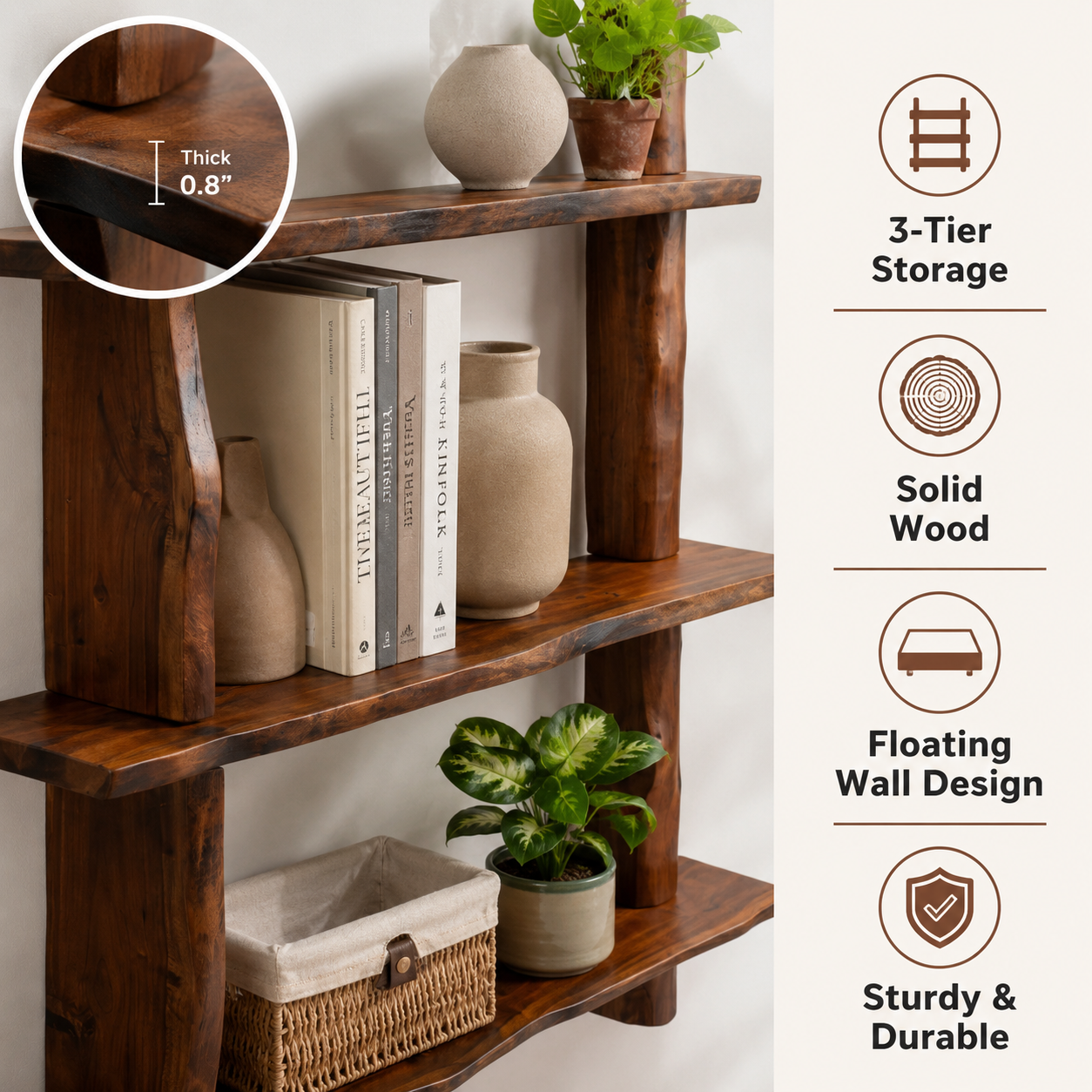 3-Tier Solid Wood Floating Shelf – 1.2 Inch Extra Thick Natural Timber Hanging Rack – Unique Rustic Wall Mounted Storage Organizer for Living Room, Bedroom & Cafe Decor