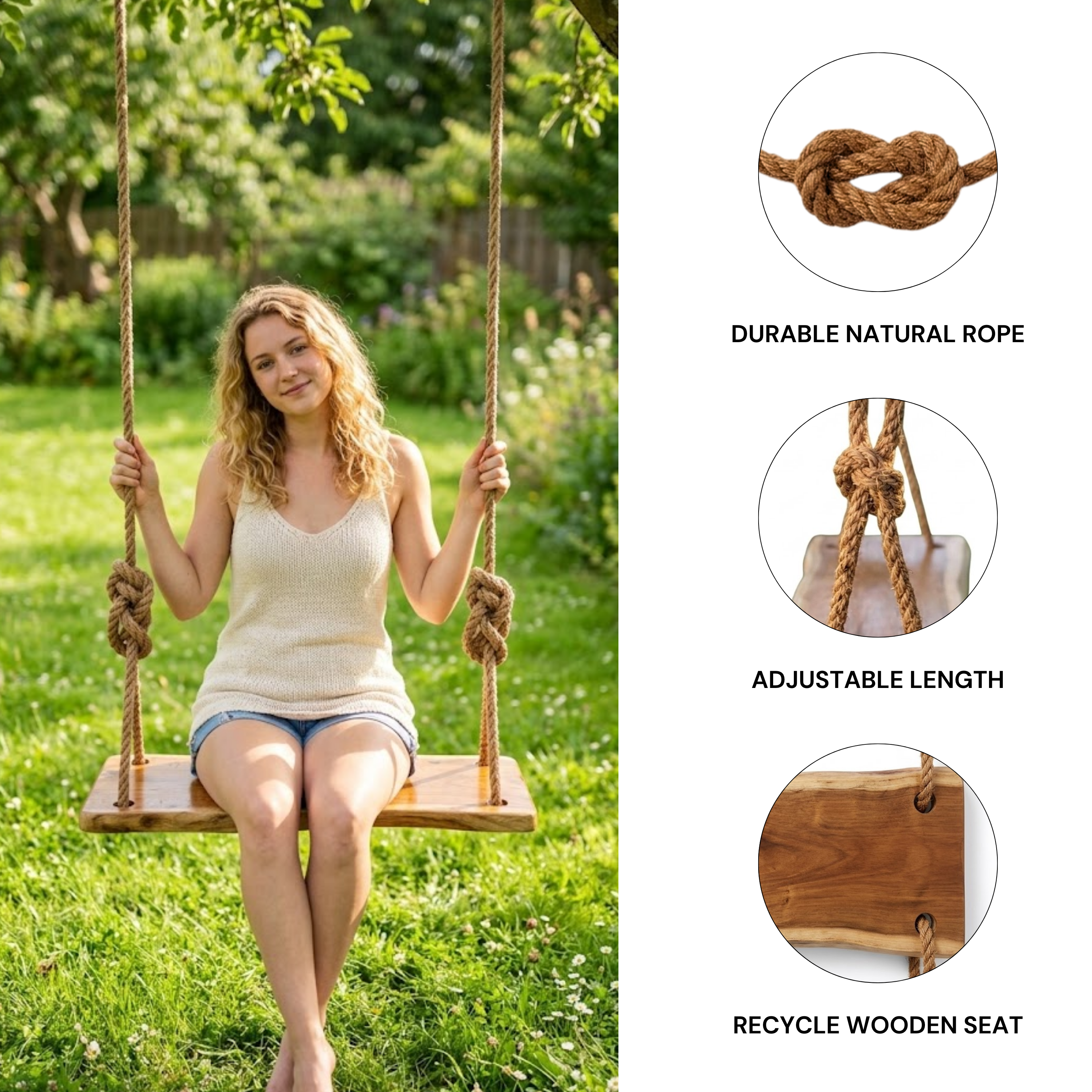 Acacia Wood Swing Seat – Weather-Resistant Natural Wood Swing for Adults & Kids – Heavy-Duty Wooden Swing with Adjustable Rope – Perfect for Backyard, Patio & Garden