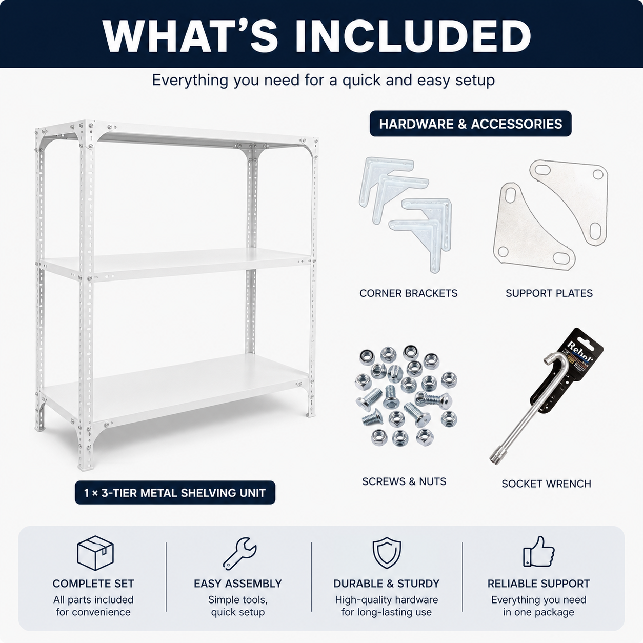3-Tier White Heavy-Duty Metal Shelving Unit – Adjustable Steel Utility Storage Rack – Boltless Garage Organizer & Warehouse Display Shelves for Pantry, Office & Home