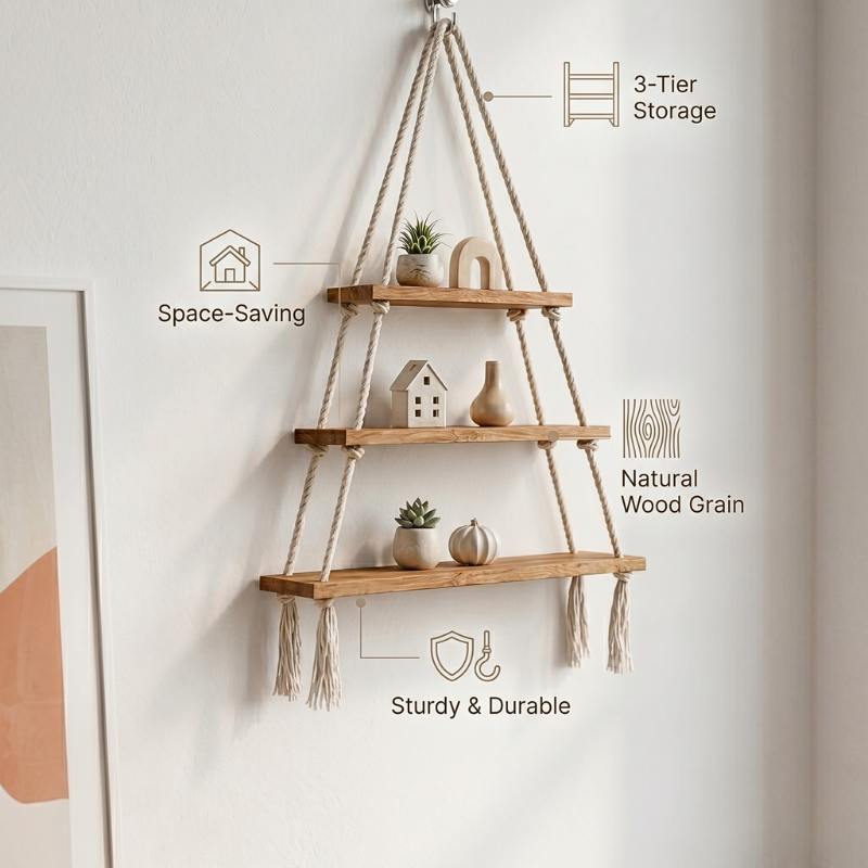 Hanging Wall Shelf – 3 Tier Handmade Cotton Rope Floating Shelves – Rustic Wood Decorative Storage Shelving for Living Room, Nursery, Bedroom & Bathroom – Display for Plants & Photos