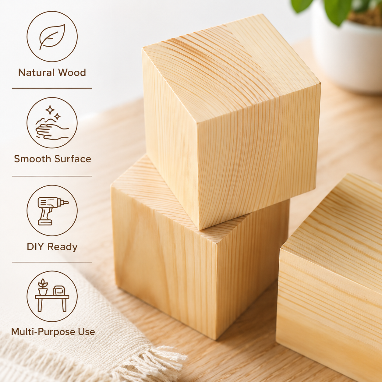 Natural Wood Blocks for Crafts 2,3,4 Inch, Pack of 24 Unfinished Wood Square Blocks for Crafts & DIY, Heavy-Duty Furniture Risers for Bed, Couch & Cabinet Legs, Decoration