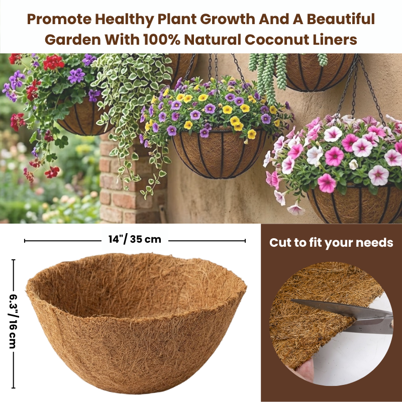 Round Coco Coir Liners Replacement – 100% Natural Coconut Fiber Planter Liners for Hanging Baskets – Eco-Friendly Replacement Liners for Flowers, Herbs & Vegetables