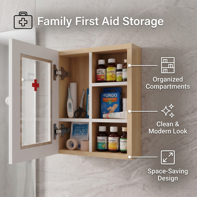 Wooden First Aid Medicine Cabinet – Wall Mounted Family Emergency Medical Box with Lock – Decorative Solid Wood Storage Organizer for Bathroom, Kitchen & Office, No-Drill