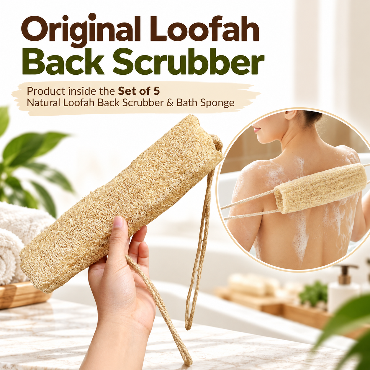 Set of 5 Natural Loofah Back Scrubber & Bath Sponge – Exfoliating Body Scrubber