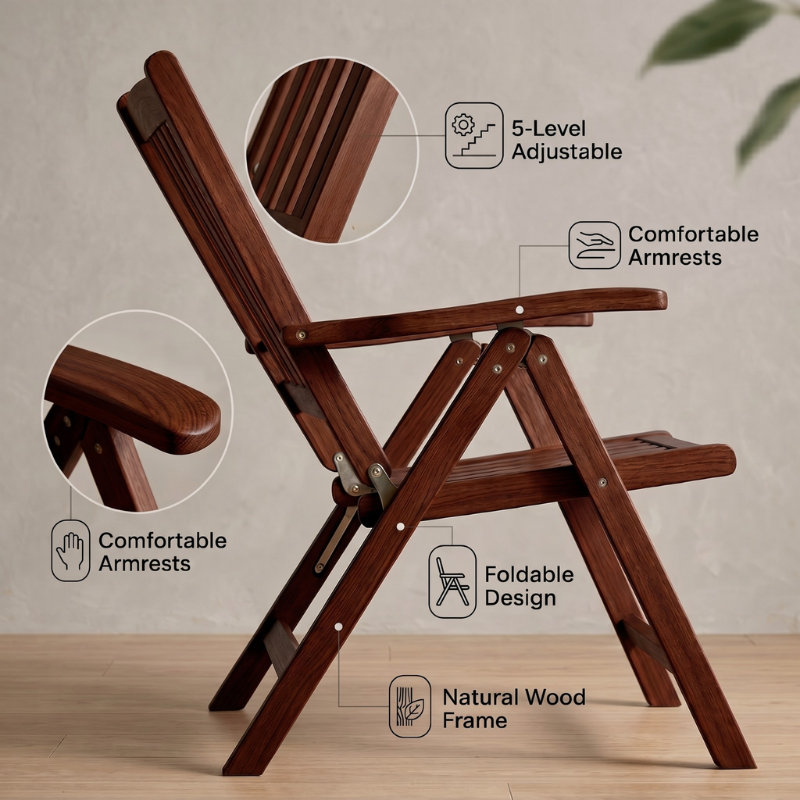 5-Position Adjustable Wooden Reclining Chair – Premium Solid Wood Folding Lounge Chair with Armrests – Heavy-Duty Recliner for Luxury Patio, Garden, Homestay & Balcony