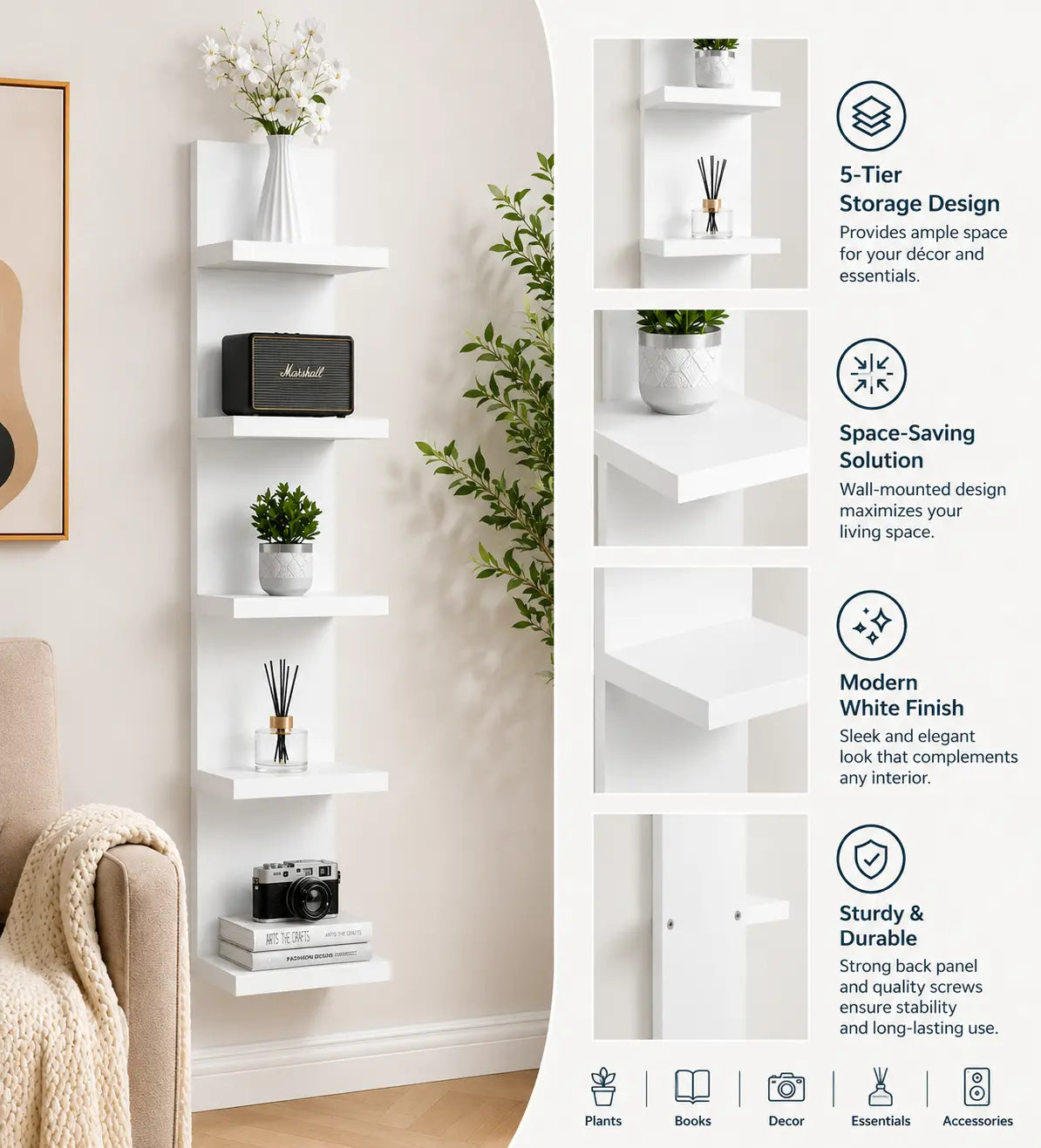 5-Tier Wall Mounted Floating Shelf – MDF Wood Display Rack with Scratch-Resistant Melamine Finish – Vertical Storage Organizer Bookshelf for Living Room, Bedroom & Office, White