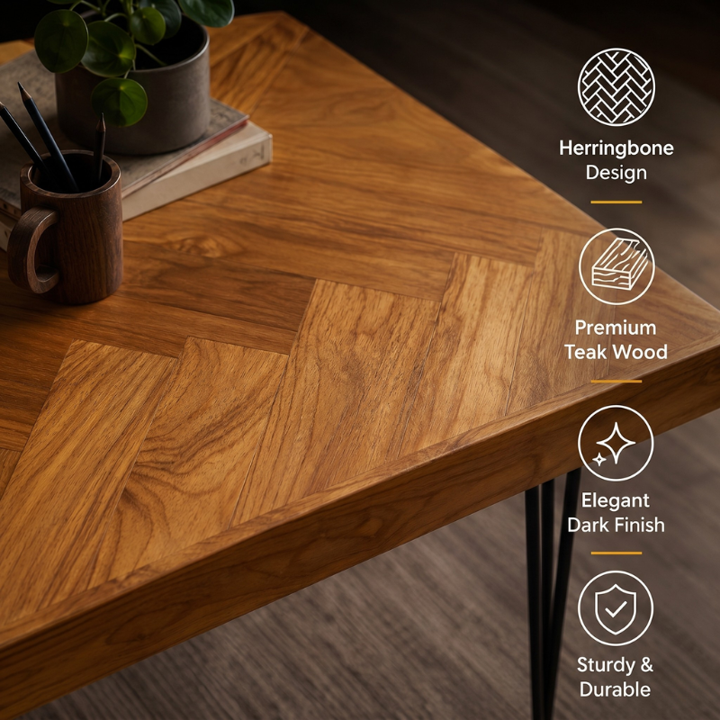 Rustic Herringbone Teak Wood Table – 48 Inch Premium Solid Teak Wood Desk for Home Office – Mid-Century Modern Dining Table & Executive Writing Desk – Natural Finish