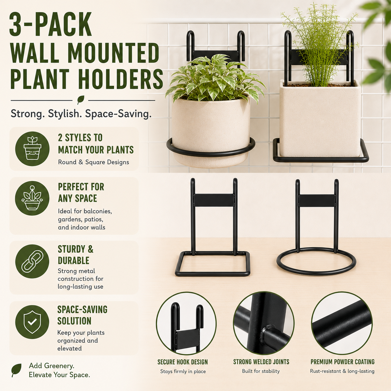 3-Pack Wall Mounted Plant Holders – Heavy-Duty Metal Flower Pot Rings for Round and Square Pots – Versatile Hanging Brackets for Indoor Outdoor Succulents, Cacti & Tropical Foliage (Pots Not Included)
