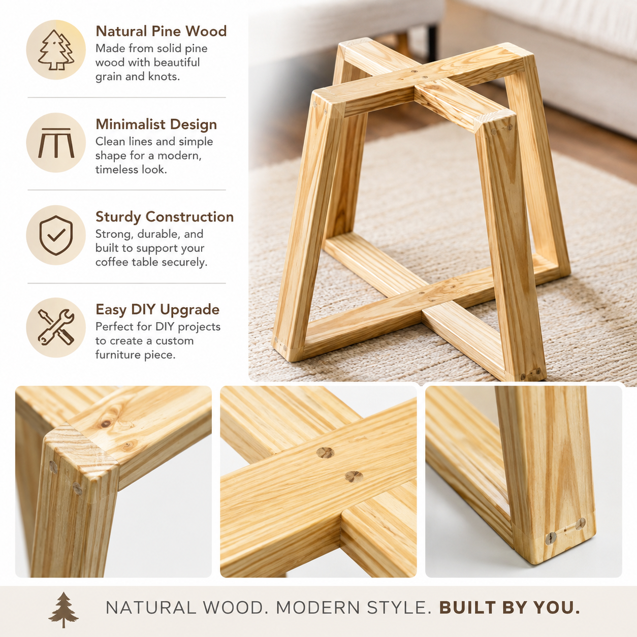 Solid Pine Wood Furniture Legs – Minimalist Natural Wood Legs for Sofa, Coffee Table & Cabinet – DIY Replacement Table Legs with Mounting Hardware