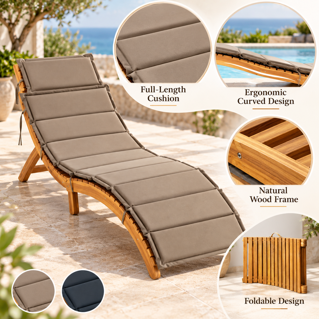 Sumba Wooden Curved Sun Lounger with Brown Cushion – Outdoor Chaise