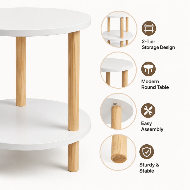 2-Tier Round End Table – Modern Wooden Nightstand for Bedroom – Versatile Sofa Side Table & Decorative Plant Display Shelf for Living Room – Easy Assembly