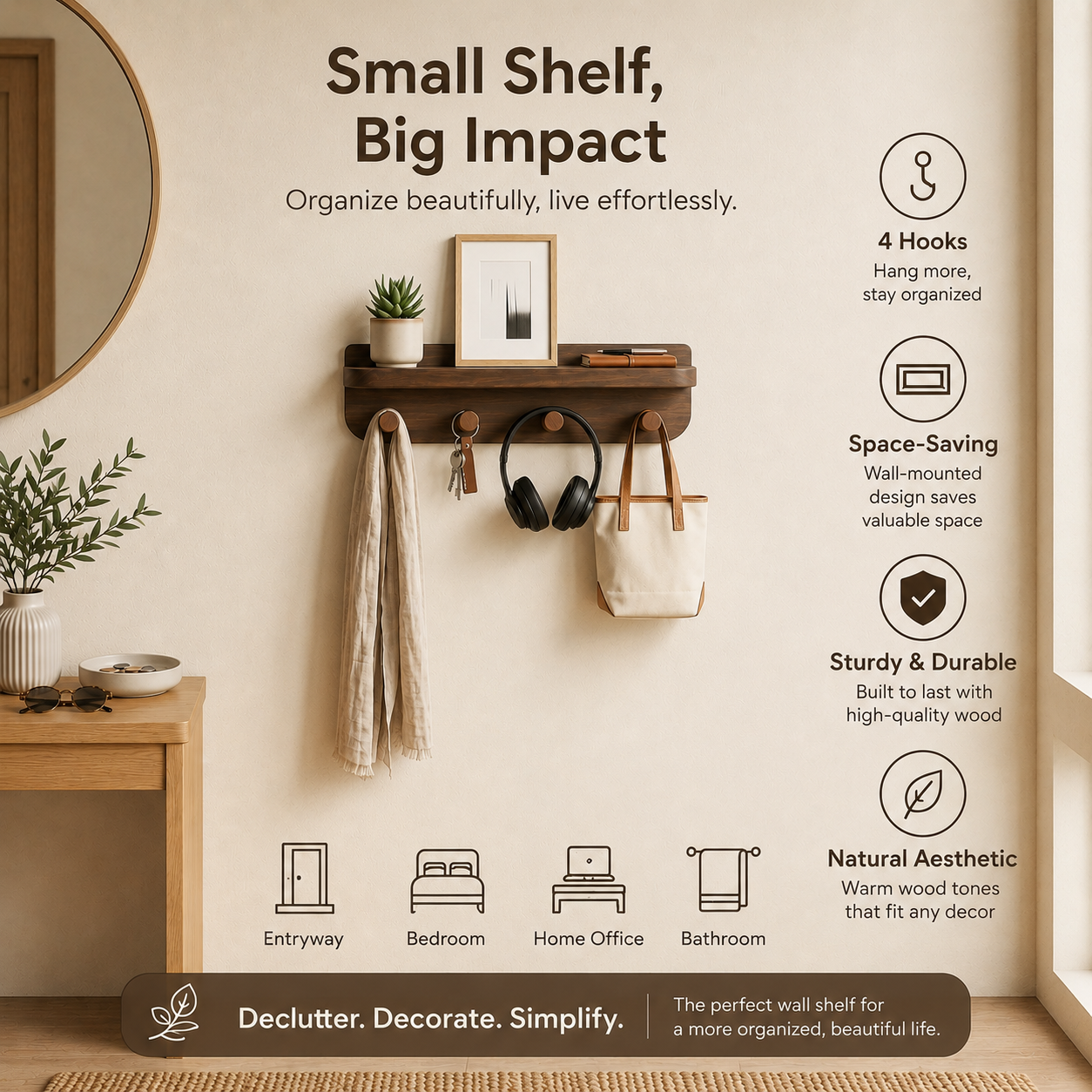 2-in-1 Wooden Wall Shelf & Hook Rack – Handcrafted Entryway Organizer – Premium Floating Shelf for Bathroom & Hallway – Heavy Duty Natural Wood Hanger for Bags & Decor
