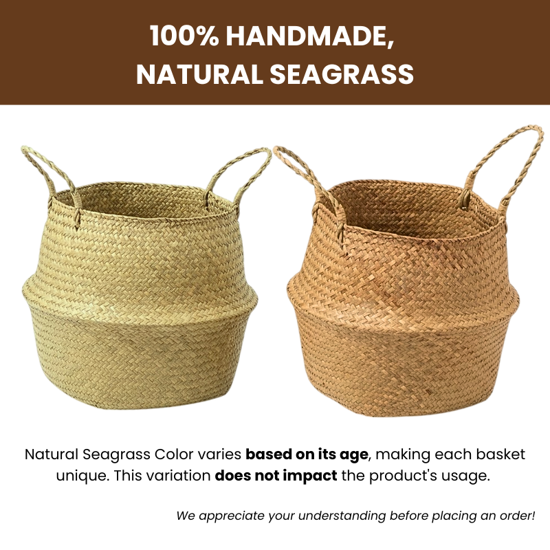Natural Seagrass Belly Baskets 4pcs – Handmade Woven Plant Pot Holder – Foldable Storage Basket with Handles for Laundry, Picnic, Groceries and Boho Home Decor