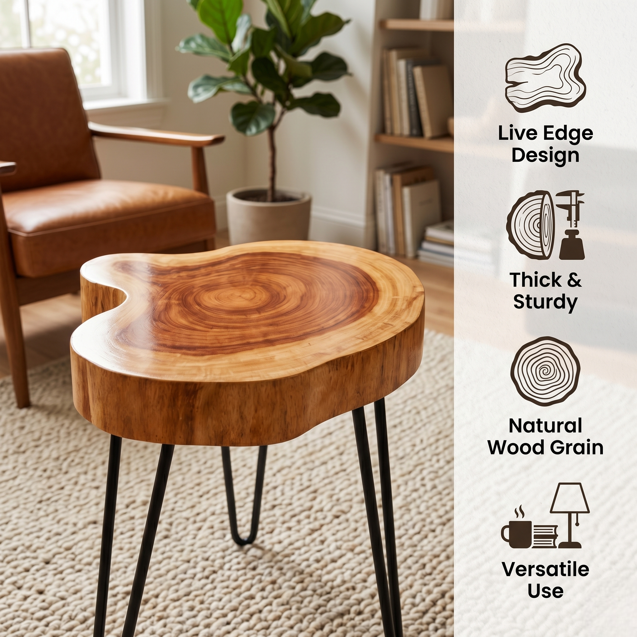 Live Edge Round Wood End Table – Solid Wood Side Table with Mid-Century Hairpin Legs – Unique Handmade Nightstand, Plant Stand for Bedroom, Living Room & Studio Decor
