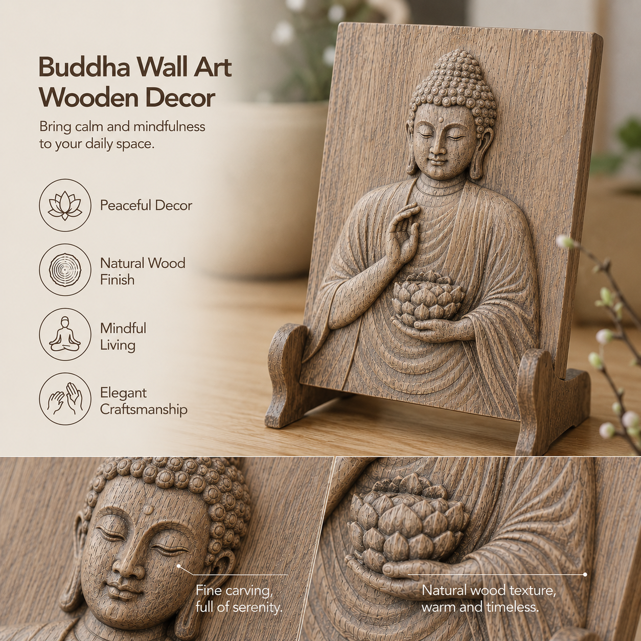 Hand-Carved Wooden Buddha Wall Art – Shakyamuni Zen Spiritual Wood Carving – Decorative Tabletop Plaque for Meditation, Yoga & Altar – Sacred Mindfulness Gift