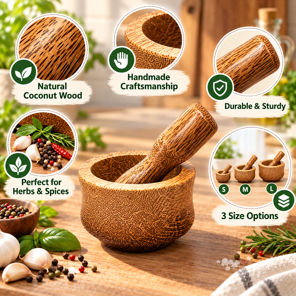 Coconut Wood Mortar and Pestle Set – Handmade Natural Herb Spice Grinder
