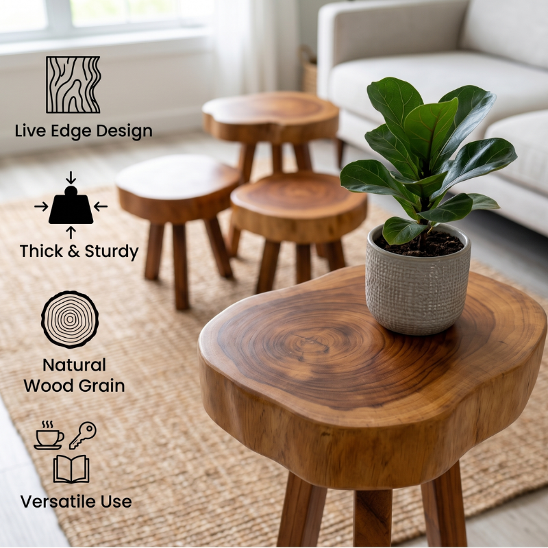 Unique Live Edge Solid Wood Stool – Handcrafted Natural Wood Side Table – Rustic Plant Stand & Accent Stool – Thick Wood Slab End Table for Living Room & Bedroom