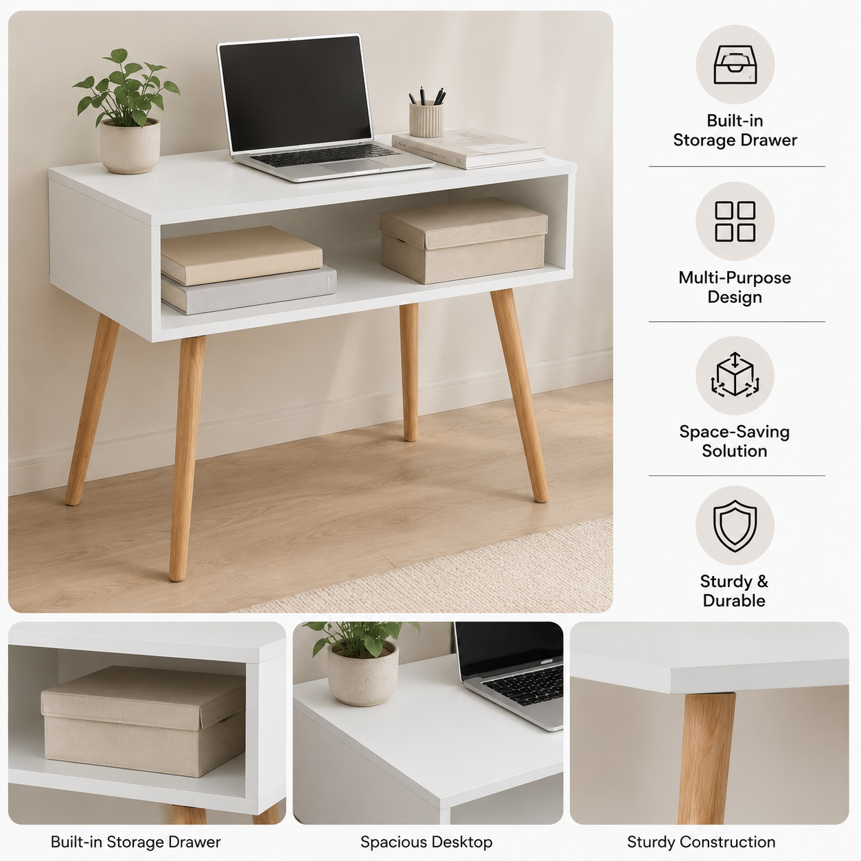 Multipurpose Computer Desk with Storage Drawer – Versatile Writing Study Table for Home Office – Modern Vanity Makeup Table & Professional Nail Tech Salon Desk – Space-Saving Design