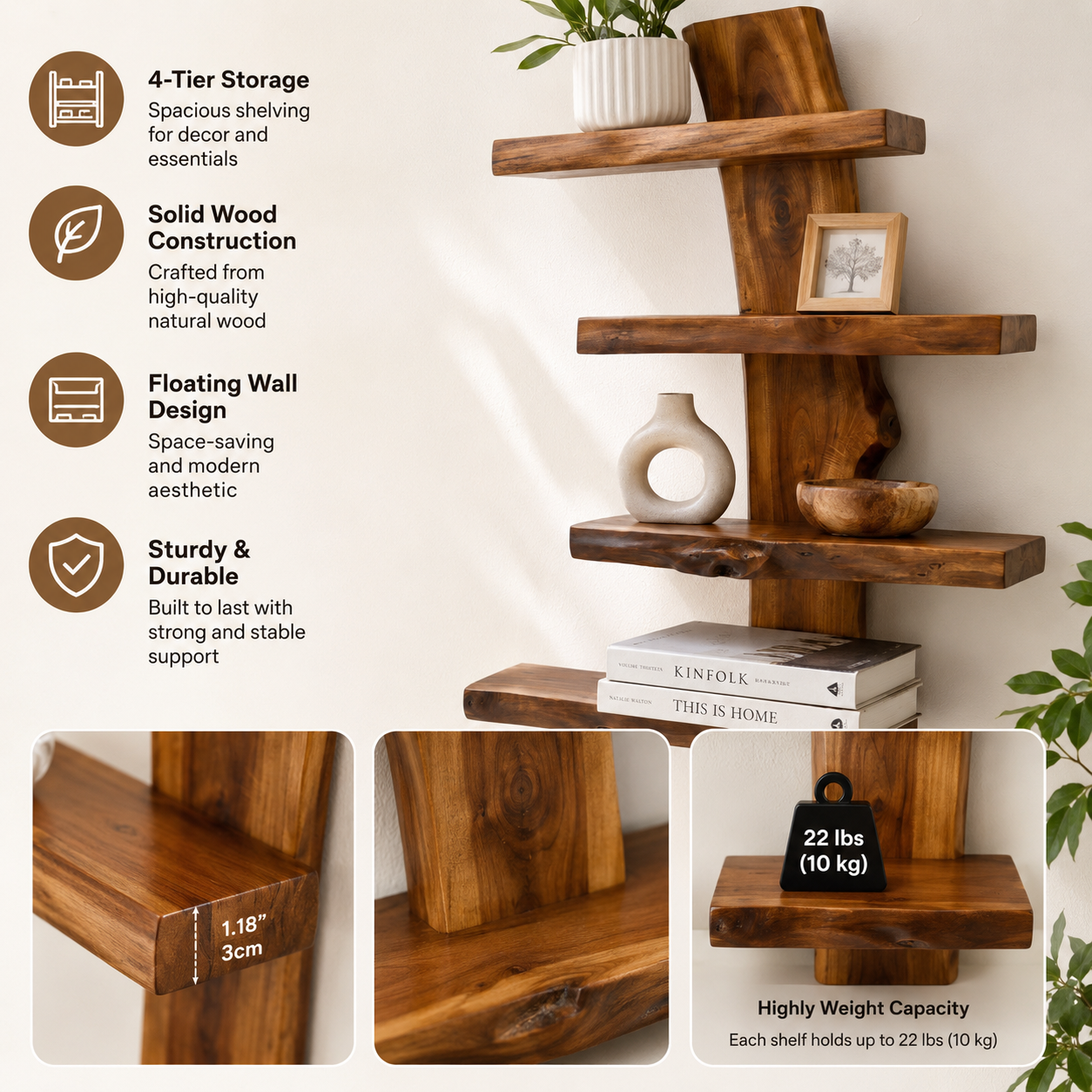 4-Tier Solid Wood Floating Wall Shelf – Multi-Layer Natural Timber Hanging Rack – Unique Decorative Storage Organizer Bookshelf for Living Room, Bedroom & Office Decor