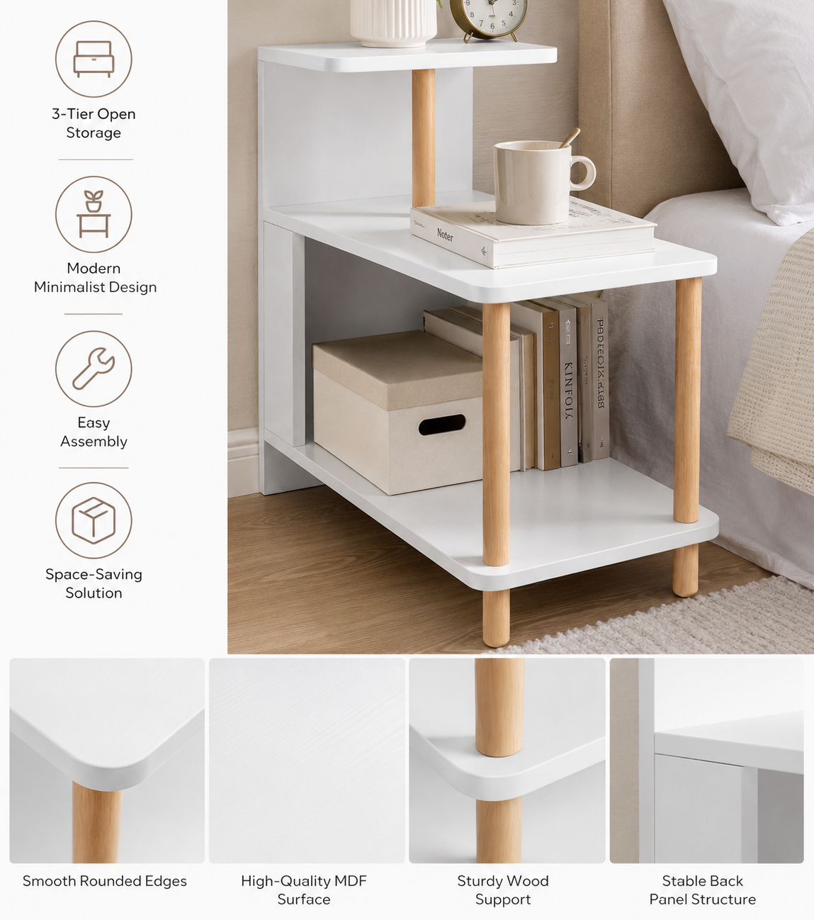 Modern White 3-Tier Nightstand – MDF Bedside Table with Open Storage Shelves – Compact End Side Table for Bedroom, Living Room & Small Spaces – Easy Assembly - Kikbo