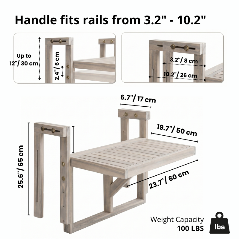 Acacia Wood Folding Balcony Hanging Table – Weather-Resistant Outdoor Railing Table – Adjustable Height & Width – Portable Deck Table for Small Balcony, Patio, and Porch – Rectangular