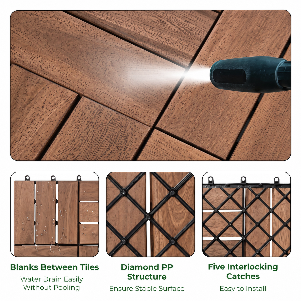 Premium Acacia Wood Deck Tiles – 12"x12"x0.9" Interlocking Patio Flooring in Golden Teak – Waterproof Crossed Pattern Wooden Pavers for Balcony, Backyard, Indoor & Outdoor