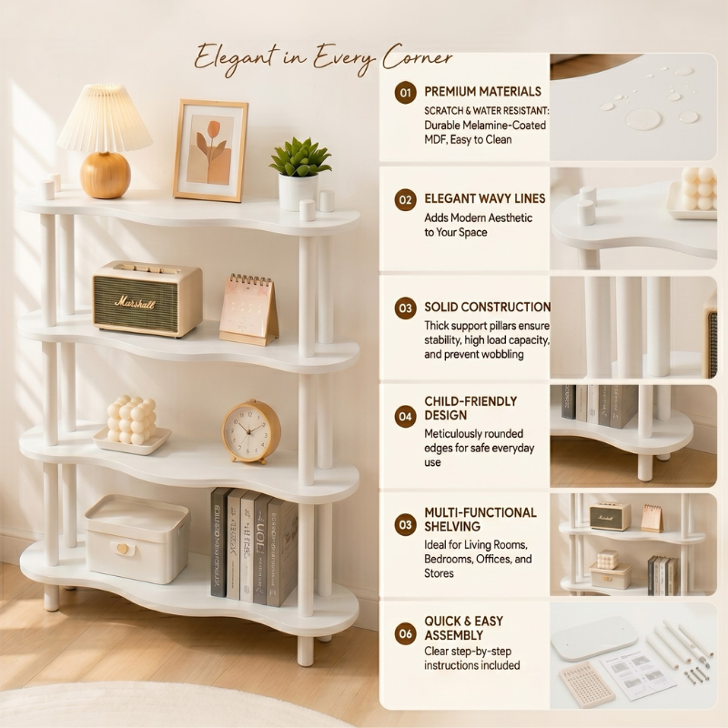 White Wavy Wood Display Shelf – 4-Tier Decorative Storage Rack with Curved Wave Design – Boho Accent Bookshelf & Plant Stand for Bedroom, Living Room & Nursery