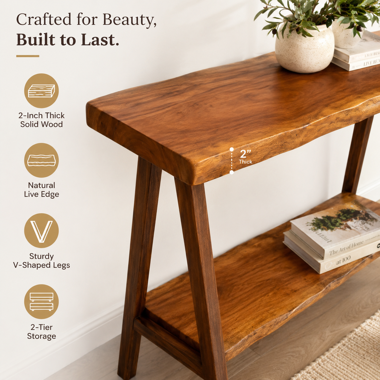 2-Inch Thick Live Edge Solid Wood Console Table – 2-Tier Entryway Table with Storage Shelf – Industrial V-Shaped Metal Legs Sofa Table for Living Room & Hallway Decor