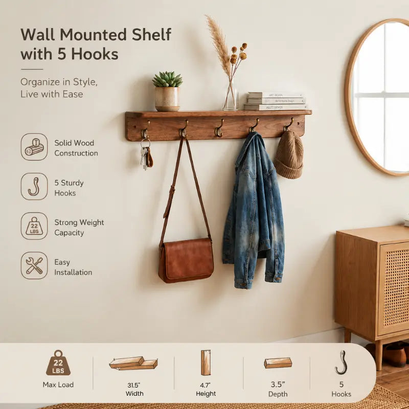 Wall Mounted Coat Rack with Storage Shelf – 31.5 Inch Solid Wood Entryway Organizer – Decorative Hanging Rail with 5 Hooks for Coats, Hats, Keys & Towels – Hallway, Bathroom & Mudroom Kikbo