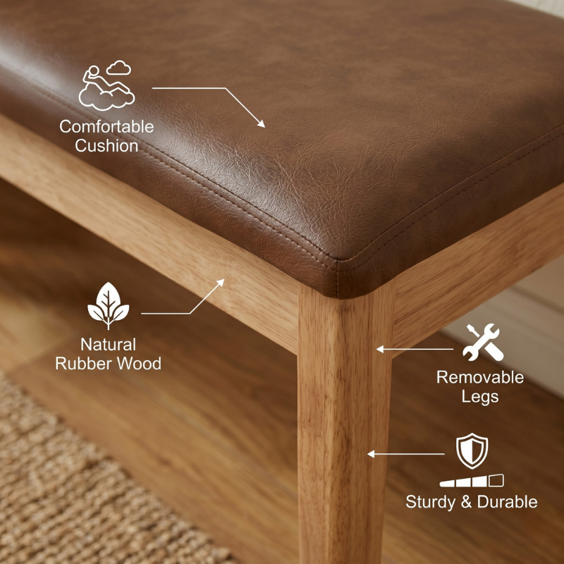 41-Inch Upholstered Bench – Modern Entryway Bench with Padded Faux Leather Seat, for Bedroom End of Bed, Solid Rubberwood Dining Bench for Kitchen, Living Room & Hallway – Easy Assembly