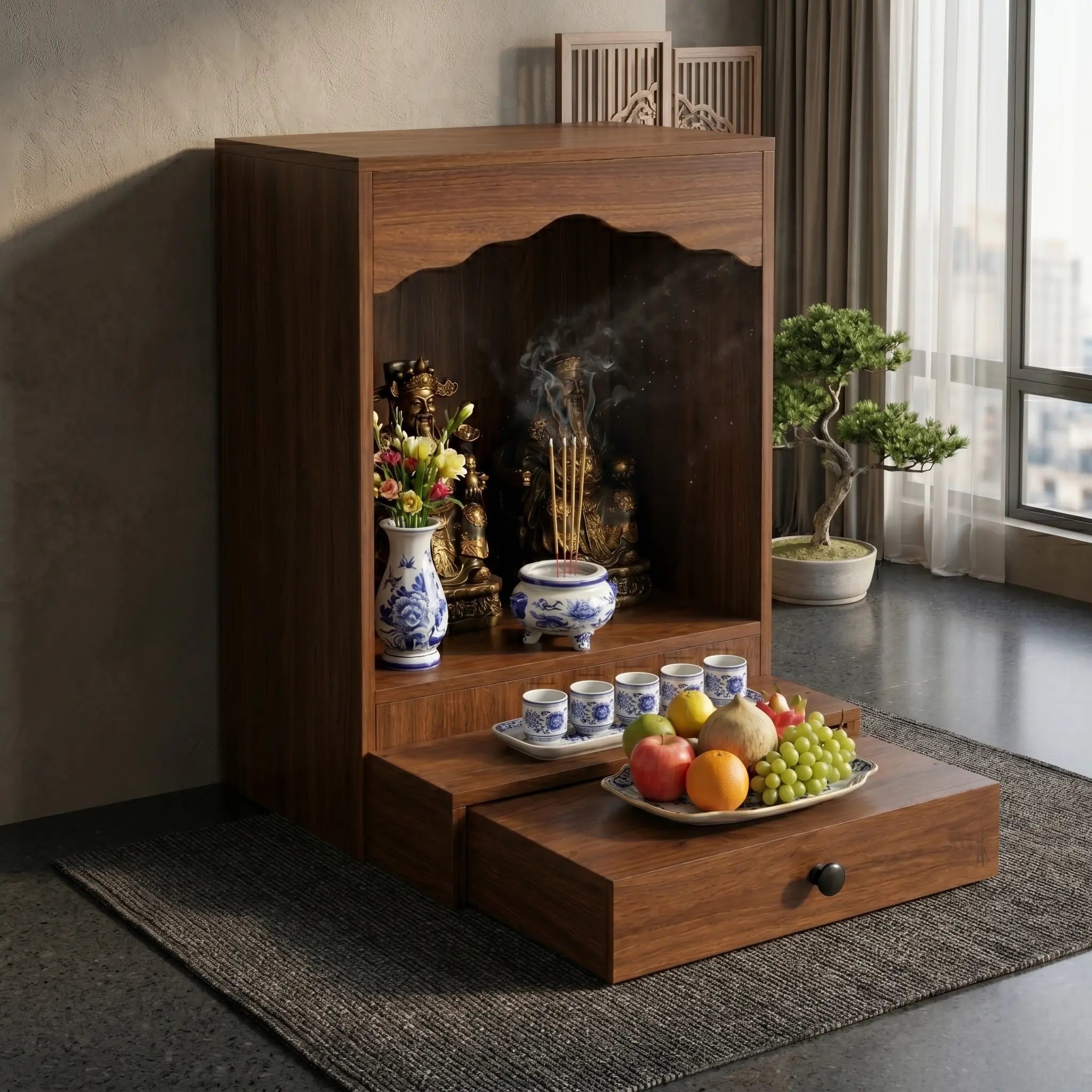 Wood Feng Shui Altar – Traditional God of Wealth & Earth God Shrine – Handcrafted Oriental Spirit House for Prosperity & Luck, Traditional Asian Wealth Altar Kikbo