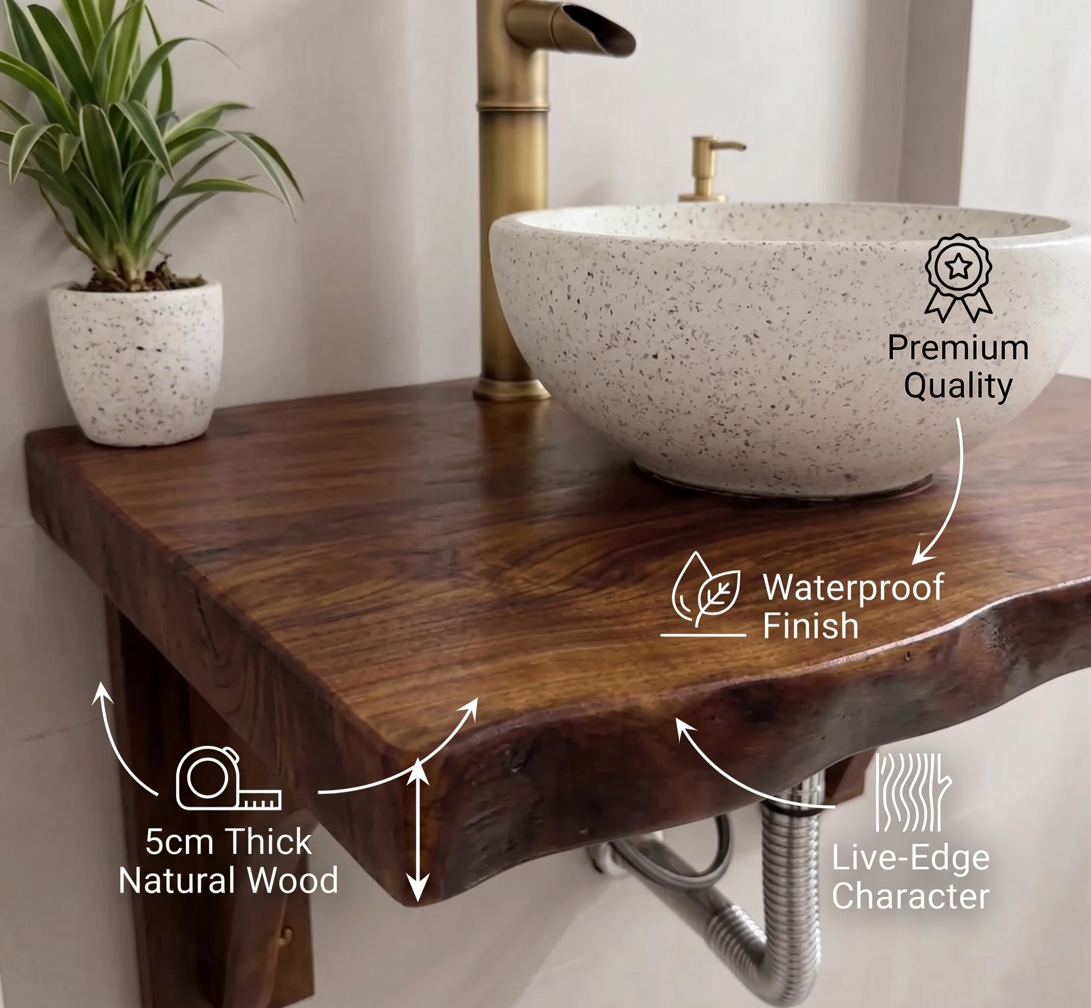 Live Edge Solid Wood Bathroom Vanity Top – 2-Inch Thick Rustic Floating Shelf for Vessels Sinks – Natural Edge Wood Slab for Lavabo & Countertops – Available in Multiple Lengths