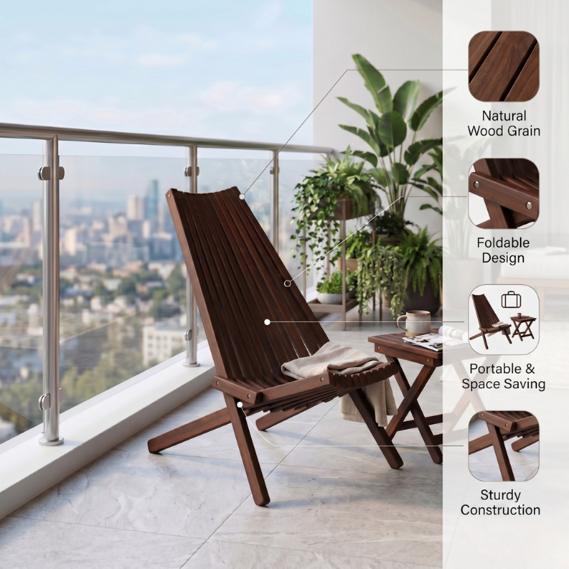 Modern Acacia Wood Folding Chair – Weather-Resistant Outdoor Tamarak Lounge Seat – Portable Space-Saving Wooden Chair for Patio, Balcony, Lawn & Camping – Fully Assembled