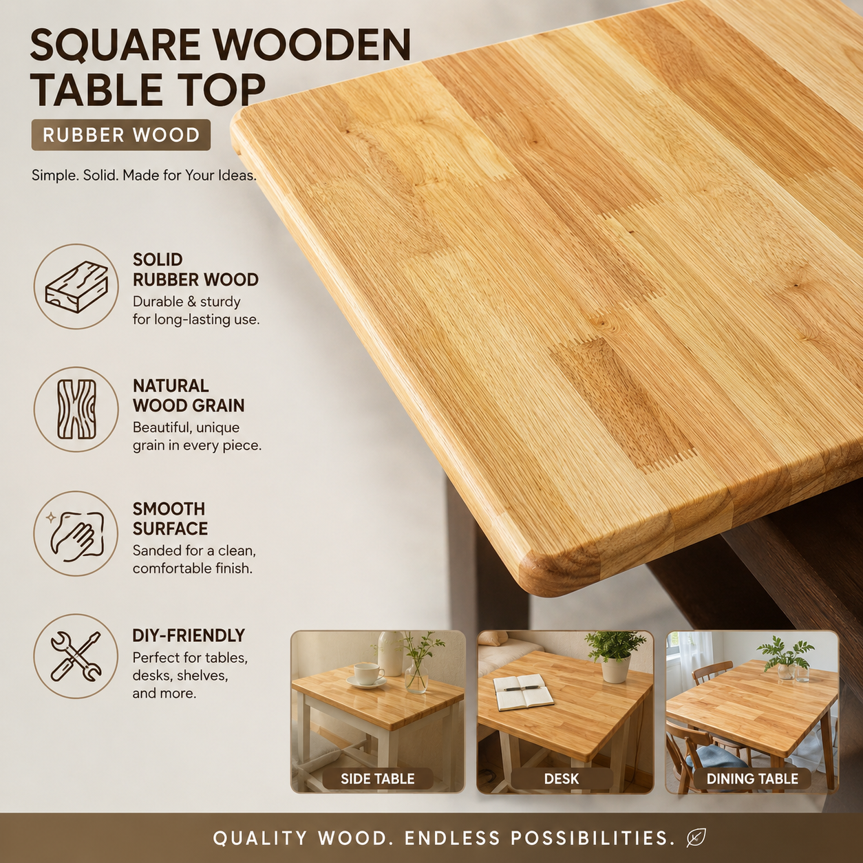 Square Wooden Table Top Rubber Wood for Dining Restaurant Home DIY Coffee Serving Indoor Outdoor Use Ruberwood End Table Nightstand