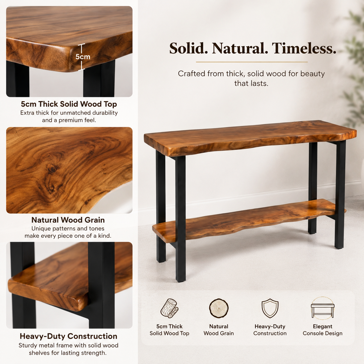 2-Tier Live Edge Solid Wood Console Table 40 Inch – 2-Inch Ultra Thick Slab Entryway Table with Storage Shelf – Modern Foyer Table with Industrial Metal Legs – Luxury Hallway & Sofa Side Table