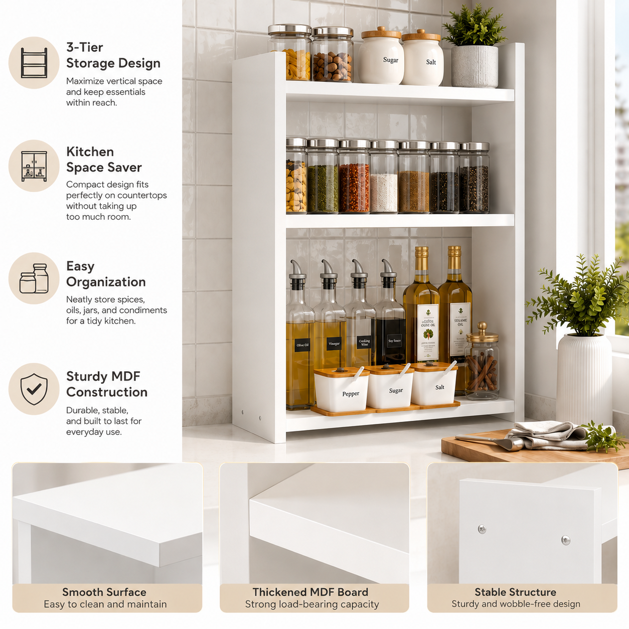 3-Tier Kitchen Spice Rack Organizer – Modern MDF Countertop Storage Shelf – Space-Saving Spice Holder & Pantry Cabinet Organizer for Seasoning Bottles, Jars & Oils, White
