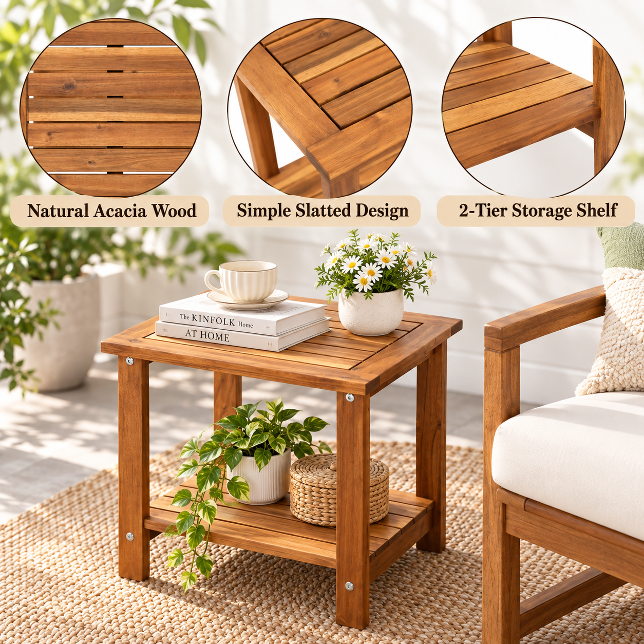 2-Tier Acacia Wood Side Table – Square End Table with Storage Shelf