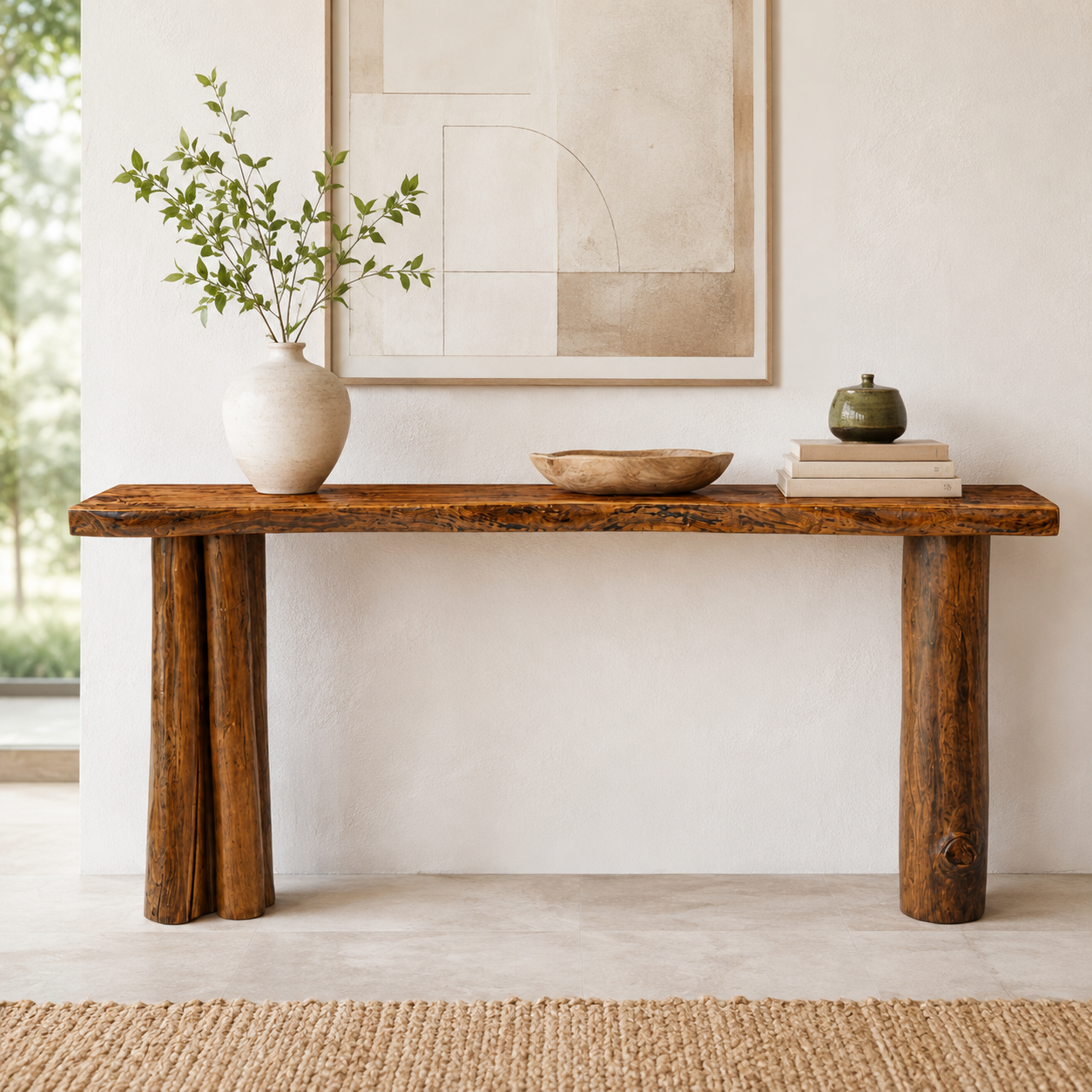 Solid Wood Console Table with Cylinder Legs – 2" Thick Slab Table