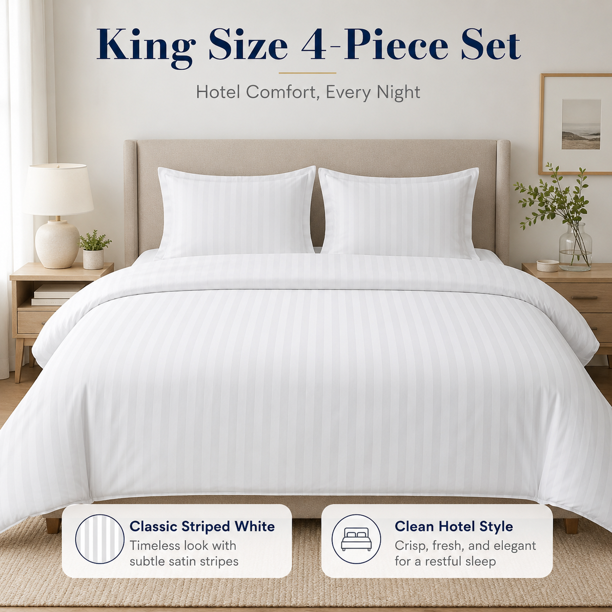 Cotton Bedding Set – 4-Piece Duvet Cover & Sheet Set, Striped White