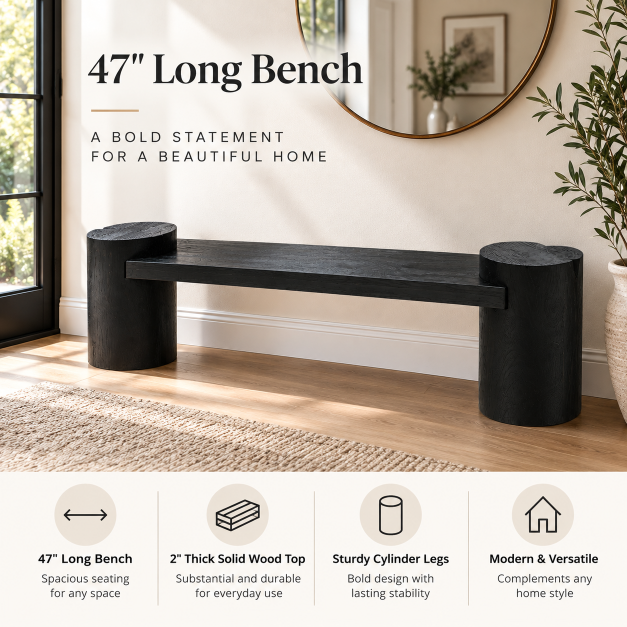 47" Black Solid Wood Bench – 2" Thick Slab Bench with Cylinder Legs