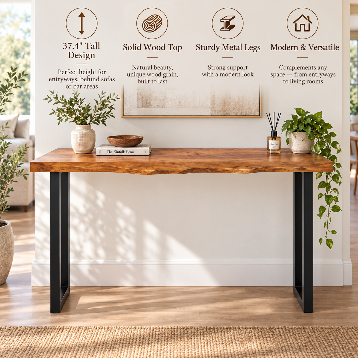 37.4" Tall Solid Wood Console Table – Bar Height Metal Leg Table